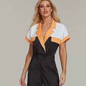 Retro Style Collared Cut Off Black & Orange Romper